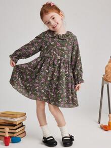 PrepCrw Young Girls Cute Floral Printed Collared A-Line Waisted Dress With Ruffle Hem, Suitable For Spring And Autumn - Multicolor - View 5