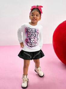 Young Girl Round Neck Long Sleeve Cartoon Print Minimalist Casual Top, Everyday Wear - Multicolor - View 5