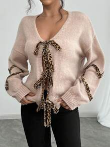 SHEIN Privé Women's V-Neck Cardigan, Leopard Print, Casual And Fashionable For Daily Wear