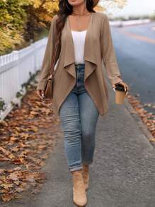 SHEIN LUNE Plus Size Winter Fashion Asymmetric Collar Design Long Knit Cardigan For Going Out And Work Fall Autumn - Khaki - View 2