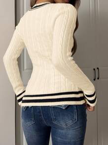 SHEIN EZwear Women Casual Contrast Trim Fitted Knit Sweater, Autumn/Winter