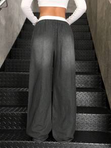 SHEIN Pantalones vaqueros de pernera ancha y suelta con diseño de rayas azules y blancas, en estilo casual de moda otoñal Y2K para adolescentes, con cintura contrastante y diseño 2 en 1