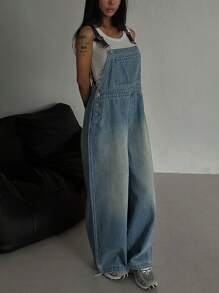 DAZY Women's Contrast Color Strap Loose Casual Wide Leg Denim Jumpsuit - Medium Wash - View 2