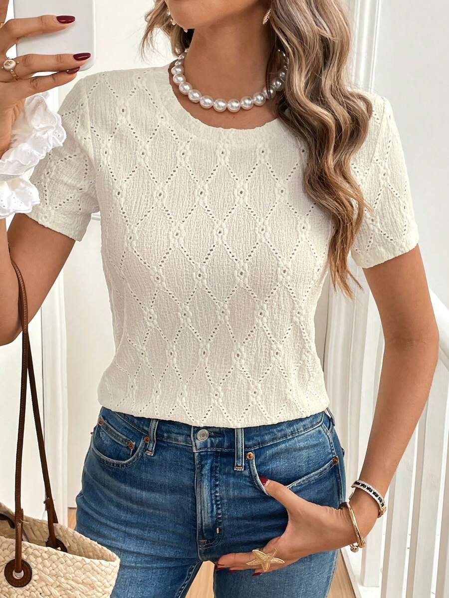 SHEIN Frenchy Women's Solid Color Round Neck Short Sleeve Simple Casual T-Shirt,Textured Short-Sleeved T-Shirt, Hollow Textured Fabric, Round Neck, Casual, Suitable For Daily Wear Summer