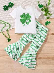 SHEIN Leap Crew Bộ 2 áo thun dệt kim Clover thường ngày cho bé gái và quần ống loe dệt kim - Nhiều màu - Xem 1