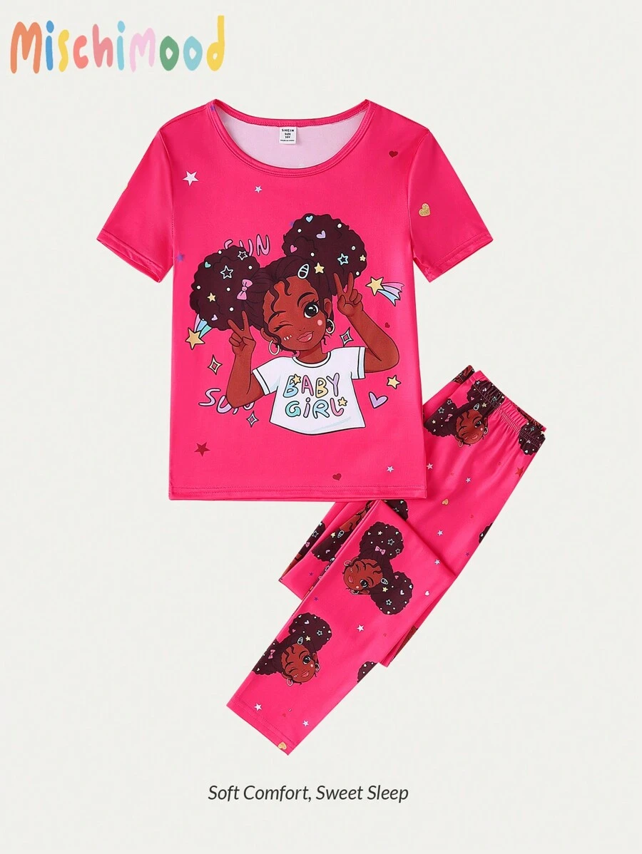 Girls Snug Fit 2pcs Pajama Set, Simple Graphic Print Short Sleeve Top & Long Pants - Multicolor - View 1