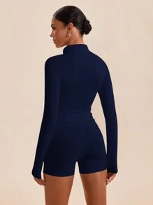 VARSITIE 高领长袖紧身女式运动套装 - 藏蓝色 - 查看 2