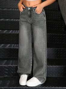 SHEIN 青少年女孩 Y2K 时尚纯色复古水洗宽松直筒牛仔裤，女孩秋装返校街头装