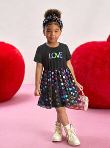 Young Girl Black Valentine's Day Short Sleeve Patchwork Holographic Heart Mesh Overlay Dress, Displaying A Fashionable Energetic Design, Suitable For Valentine's Day, Outings, Gatherings, School, And All Seasons - Multicolor - View 6