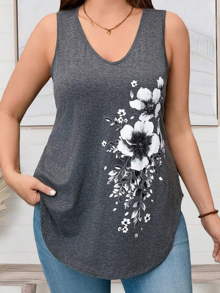 EMERY ROSE Plus Size Women's V-Neck Sleeveless Curved Hem Floral Offset Casual Top, Spring Outfits For Women Summer Outfits For Women,Flower/Vacation - Grey - View 1