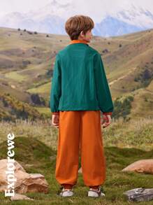 SHEIN 2pcs Boys' Fashionable Water-Resistant Jacket And Drawstring Pants Set For Outdoor Casual Wear