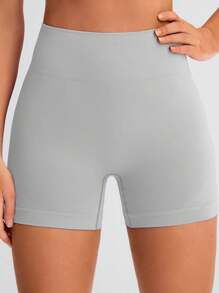 SHEIN Sports Women High Waist Solid Color Casual Fitness Sports Yoga ShortsWomen Sweat Short, Gym Short, Biker Short - Light Grey - View 3