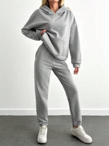 RueChic 100%Cotton Drop Shoulder Hoodie & Sweatpants - Light Grey - View 5