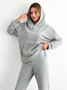 RueChic 100%Cotton Drop Shoulder Hoodie & Sweatpants - Light Grey - View 6