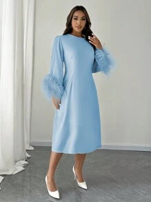 Celure Vestido de manga larga con aplicación de pelo sintético y mangas acampanadas, elegante y recto para mujer de talla grande