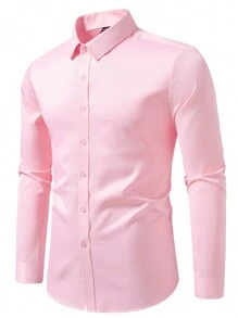 Manfinity Mode Camisa casual de manga larga de un solo abotonado de unicolor para oficina para hombre, otoño - Rosa Pálido - Ver 5