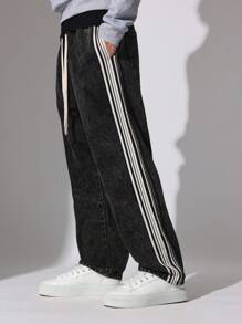 SUMWON Straight Fit Pull On Washed Jean With Side Tape - Black - View 2