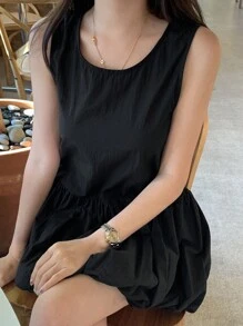 DAZY 女式纯色休闲圆领无袖短款泡泡袖连衣裙，春夏，迷你连衣裙 - 黑色 - 查看 3