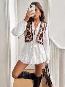 SHEIN Frenchy Women Rodeo Floral Pattern Button-Front Vest Jacket, Autumn/Winter Christmas Flower Red New Year Vacation Burgundy Casual Spring Valentine's Day - Burgundy - View 3