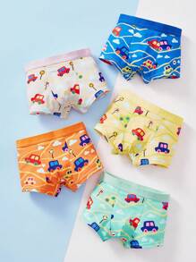 SHEIN 5 条装 男孩可爱卡通汽车图案松紧腰平角内裤