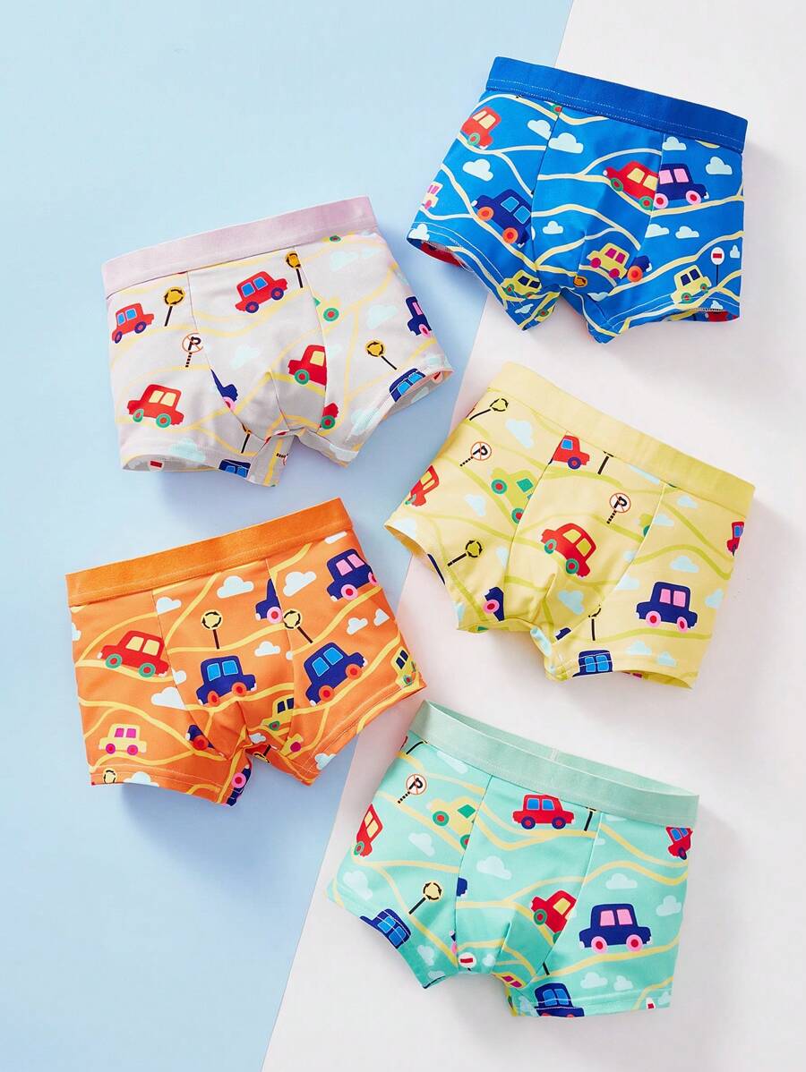 SHEIN 5 条装 男孩可爱卡通汽车图案松紧腰平角内裤