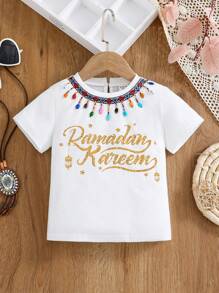 女孩休闲圆领字母印花短袖 T 恤 - 白色 - 查看 2