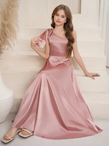 SHEIN Plus Size Girl's Satin Shiny Oversized Bow Decor One-Shoulder A-Line Long Dress, High-End Elegant Formal Gown Suitable For Wedding, Valentine's Day, Party, Prom - Pink - View 6