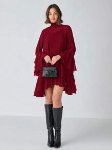 Enchnt Women's Solid Stand Collar Long Sleeve Simple Casual Short Dress