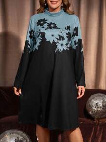 EMERY ROSE Plus Size Women Colorblock Floral Print Long Sleeve Mock Neck Midi Dress Fall Women Clothes Elegant Dress