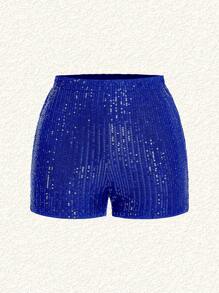 SHEIN EZwear Sequin Decorated Sheer Mesh Fitted Shorts, Basic Black