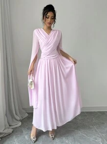 Chiquease Vestido de fiesta elegante de manga larga con pliegues - Rosa - Ver 5