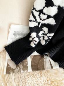 SHEIN Essnce Damen Oversized Pullover mit Blumen Muster, schwarze Woll-Oberteil, Langarm Pullover, Winterkleid gestrickter Damen Pullover, süßer Pullover Thanksgiving Pullover Große Größen Pullover