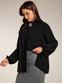 Modelyn Women's Rhinestone Decor Long Sleeve Minimalist Black Blouse, Casual For Daily Wear