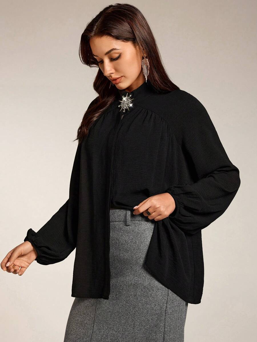 Modelyn Women's Rhinestone Decor Long Sleeve Minimalist Black Blouse, Casual For Daily Wear