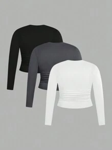 SHEIN EZwear 3 Piece Plus Size Women's Casual Solid Color Round Neck Long Sleeve T-Shirt Set - Multicolor - View 2