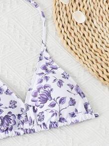 SHEIN Tween Girls' Floral Print Neck Tie Halter Bikini Set - Purple - View 3