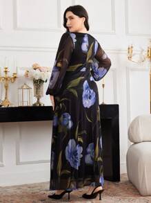 Modelyn Plus Size Square Neck Long Sleeve Floral Allover Print Minimalist Elegant Long Dress - Multicolor - View 4