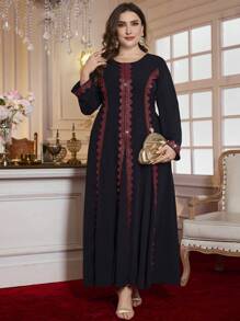 Al Najma Plus Size Custom Floral Trim Elegant Long Sleeve Long Dress,Modest - Black - View 3