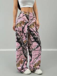 SHEIN EZwear Pantalones de pierna ancha de mujer casuales con estampado de ramas de árbol tejidos