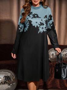 EMERY ROSE Plus Size Women Colorblock Floral Print Long Sleeve Mock Neck Midi Dress Fall Women Clothes Elegant Dress
