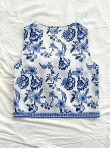 Soleia WYWF 女士 V 领系带喇叭袖热带图案印花背心，适合度假 - 藍白色 - 查看 2