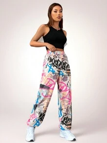 Coolane Graffiti Print Elastic Waist Sweatpants - Multicolor - View 2
