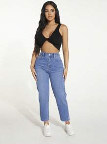 SHEIN PETITE Quần jean nữ Nút Túi Dây kéo màu trơn - Rửa trung bình - Xem 4