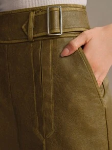 Anewsta Vintage Distressed Wide Leg PU Leather Pocket Pants, Business Casual Women For Spring/Summer - Army Green - View 6