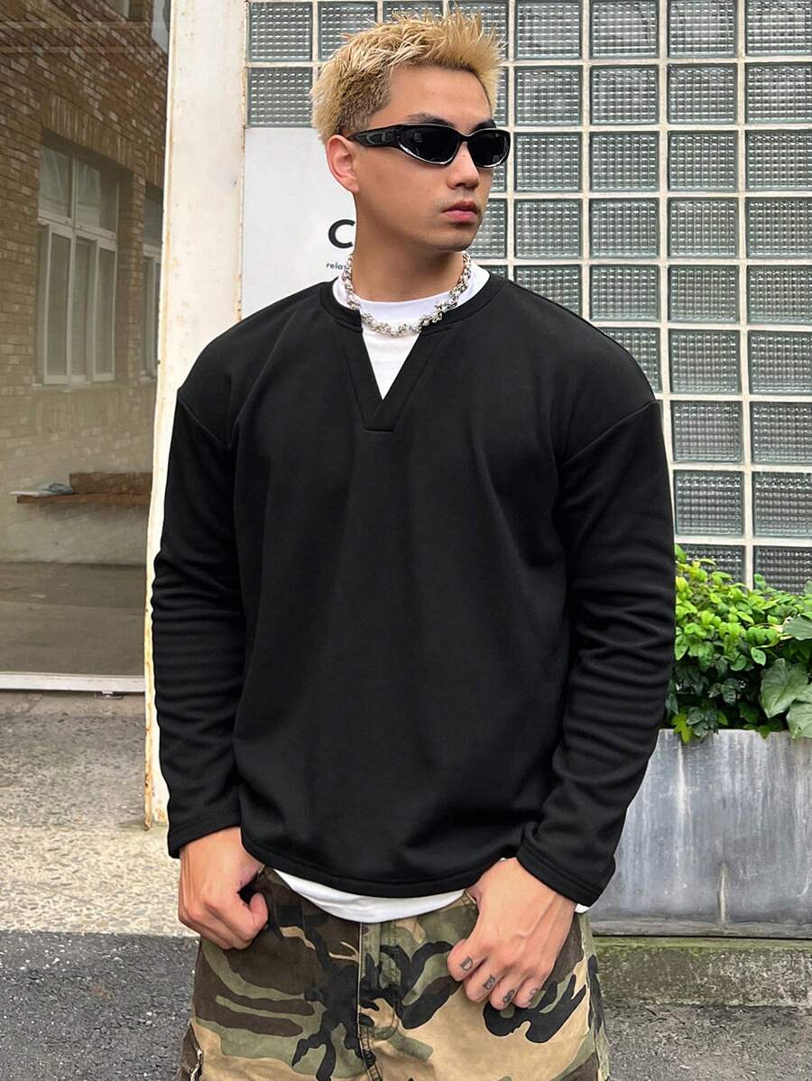 DAZY Camiseta Manga Longa Casual Masculina Bicolor Preta 2 em 1, Outono - Preto - Visão 1