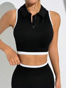 Seamluxe SHEIN Sport Conjunto deportivo para mujeres de top sin mangas con cierre delantero de unicolor y pantalones largos - Conjunto deportivo para mujeres - Conjunto de mallas para mujeres