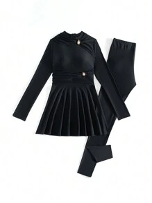 Swim Mulvari 2 件套女士海滩布基尼泳衣套装 - 黑色圆领荷叶边长袖上衣和黑色长裤，适合夏季海滩度假阿拉伯服装 - 黑色 - 查看 8