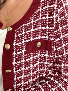 SHEIN Clasi 大码女式格子长袖单排扣长款休闲开衫，秋冬 - 酒紅色 - 查看 5