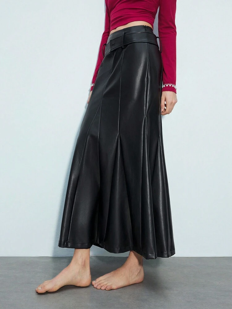SHEIN Maija Women's Solid Color PU Leather Pleated A-Line Skirt, Elegant Fashion Festival