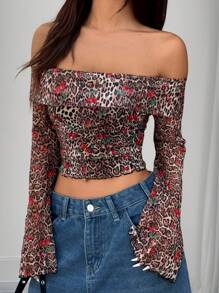 SHEIN EZwear Leopard Print Mesh Off Shoulder Casual Top For Women, Minimalist Fashion, Suitable For Daily Wear